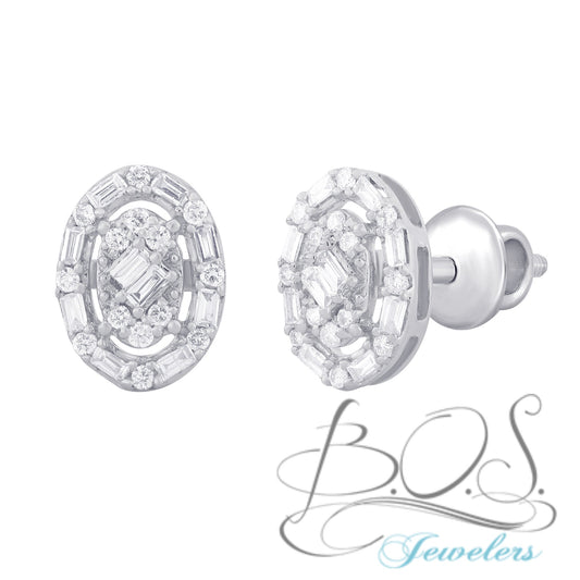 Oval Baguette Diamond Stud Earring 14K Gold