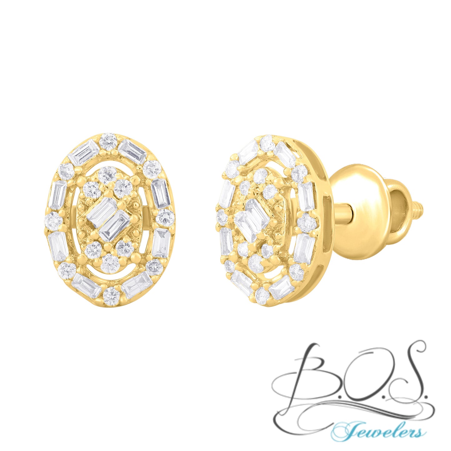 Oval Baguette Diamond Stud Earring 14K Gold