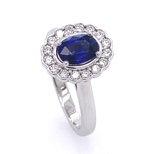 Diana Halo Blue Sapphire and Diamond Ring 14K White Gold
