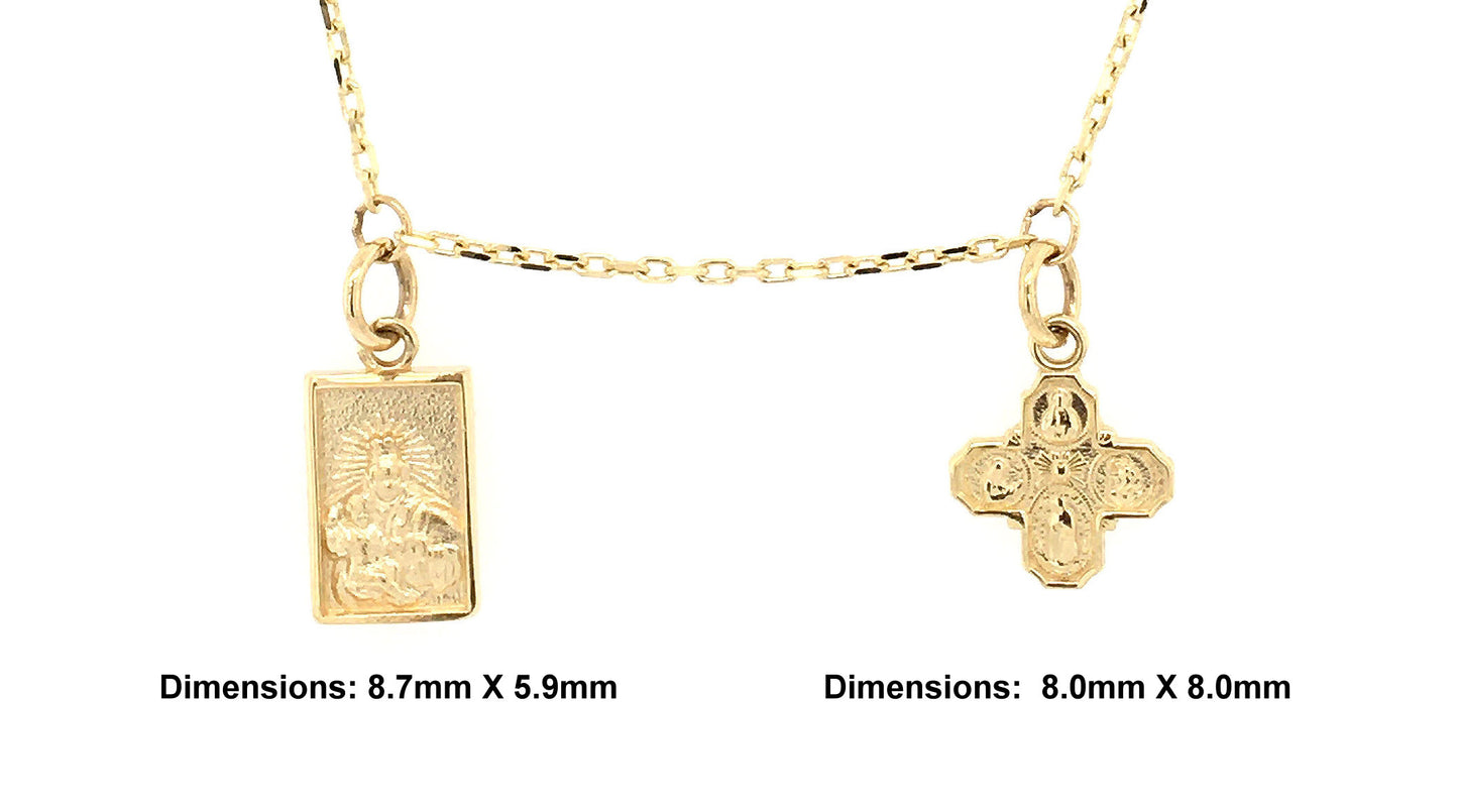 Double Scapular & 4-Way Cross Medals Forward Facing Necklace 14K Yellow Gold