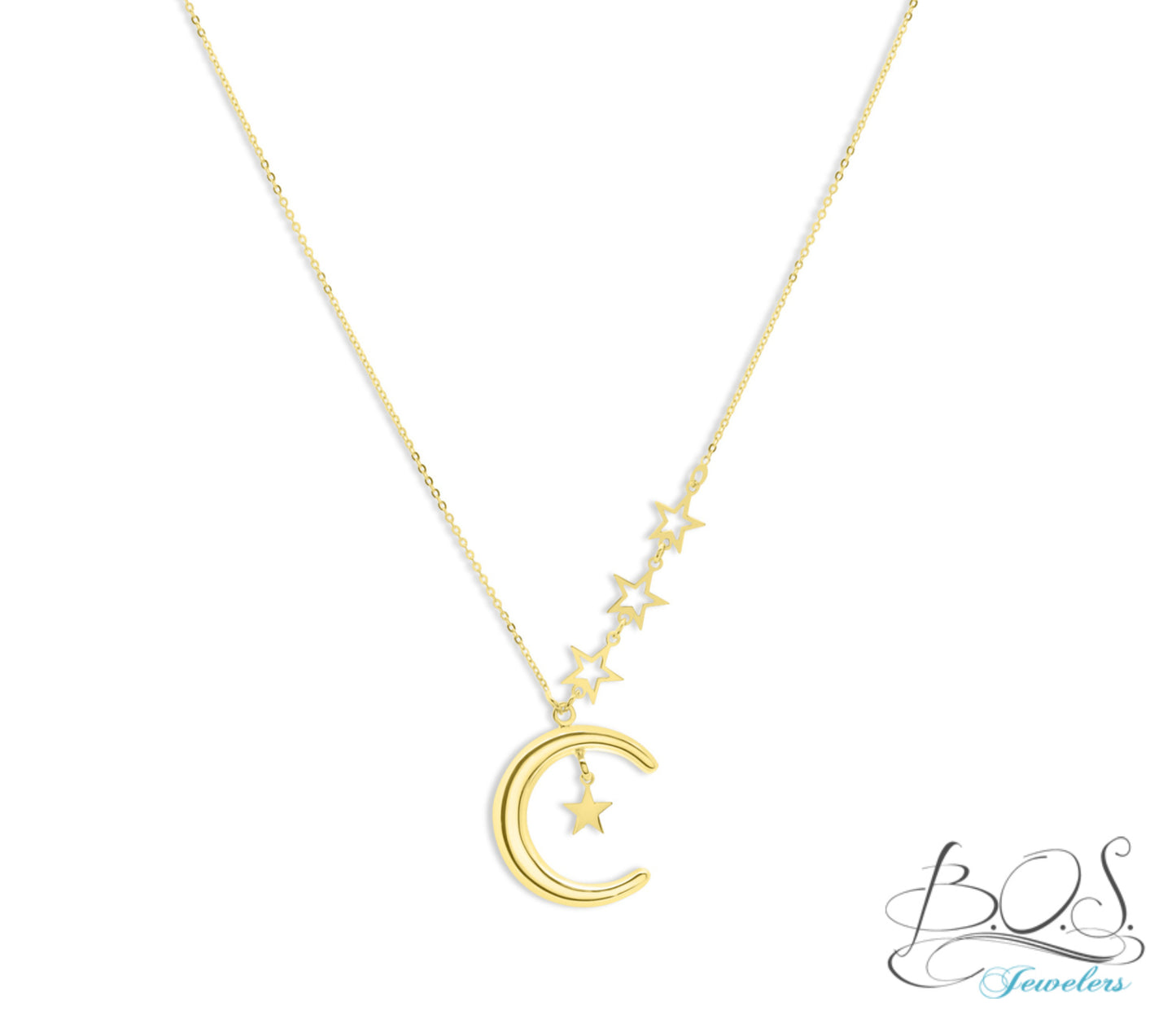 Crescent Moon Pendant with Star Accents Necklace 14KY Gold