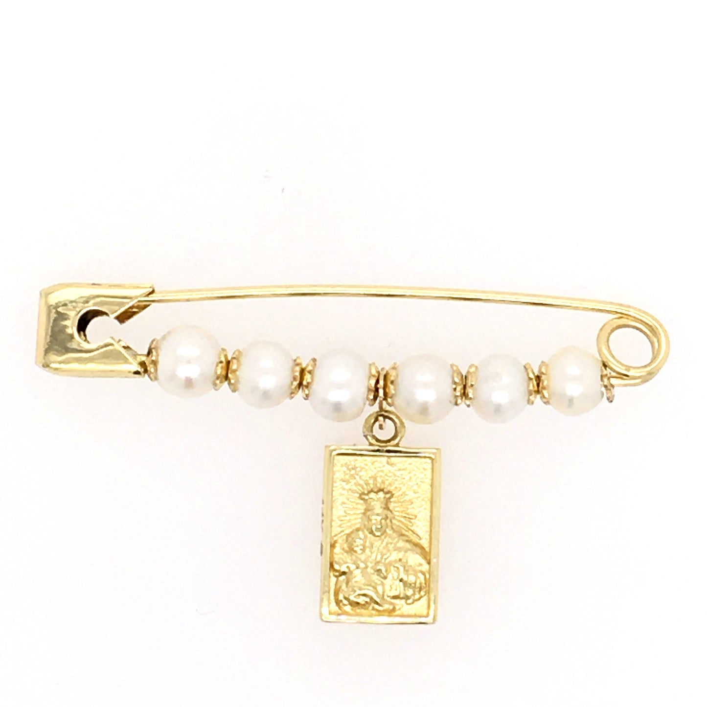 Miniature Scapular Medal Pearl Baby Pin 14K Yellow Gold