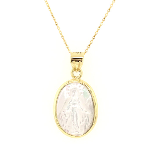 Oval Mother of Pearl Miraculous/Guadalupe Medal (14X10mm) 14K Gold