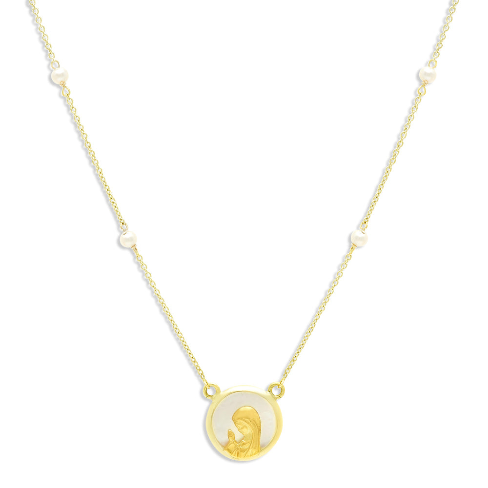 Praying Virgin Mary on Pearl Necklace 14K Yellow Gold