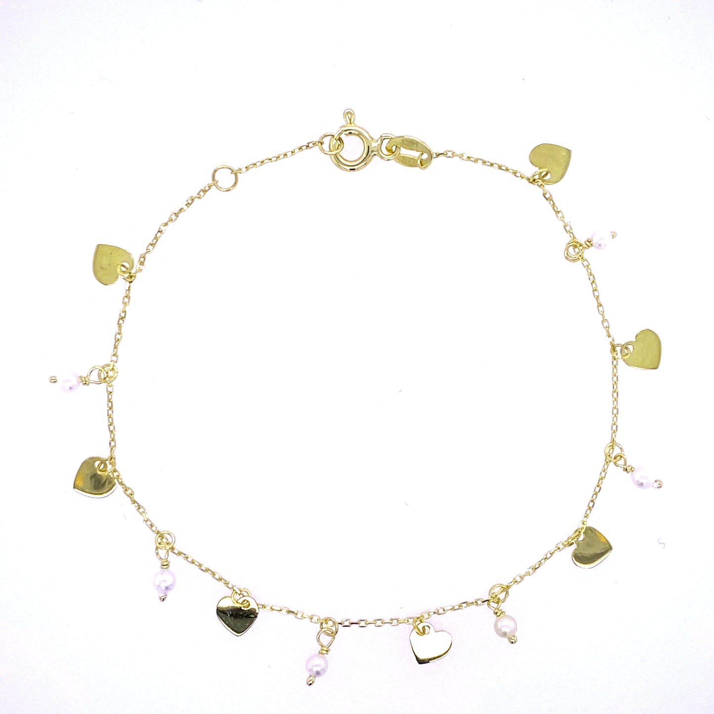 Dangling Hearts and Pearls/Turquoise Bracelet 14K Yellow Gold