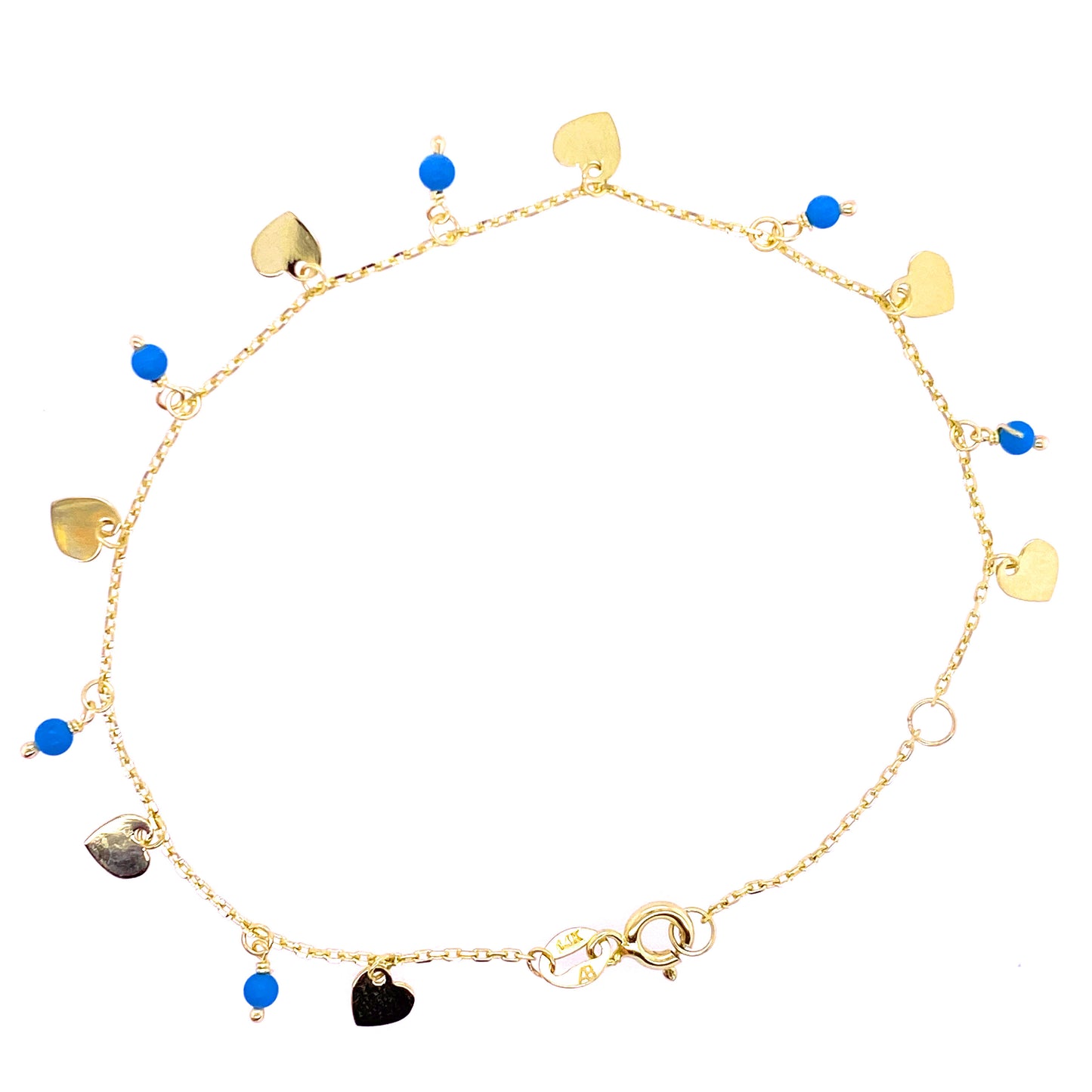 Dangling Hearts and Pearls/Turquoise Bracelet 14K Yellow Gold