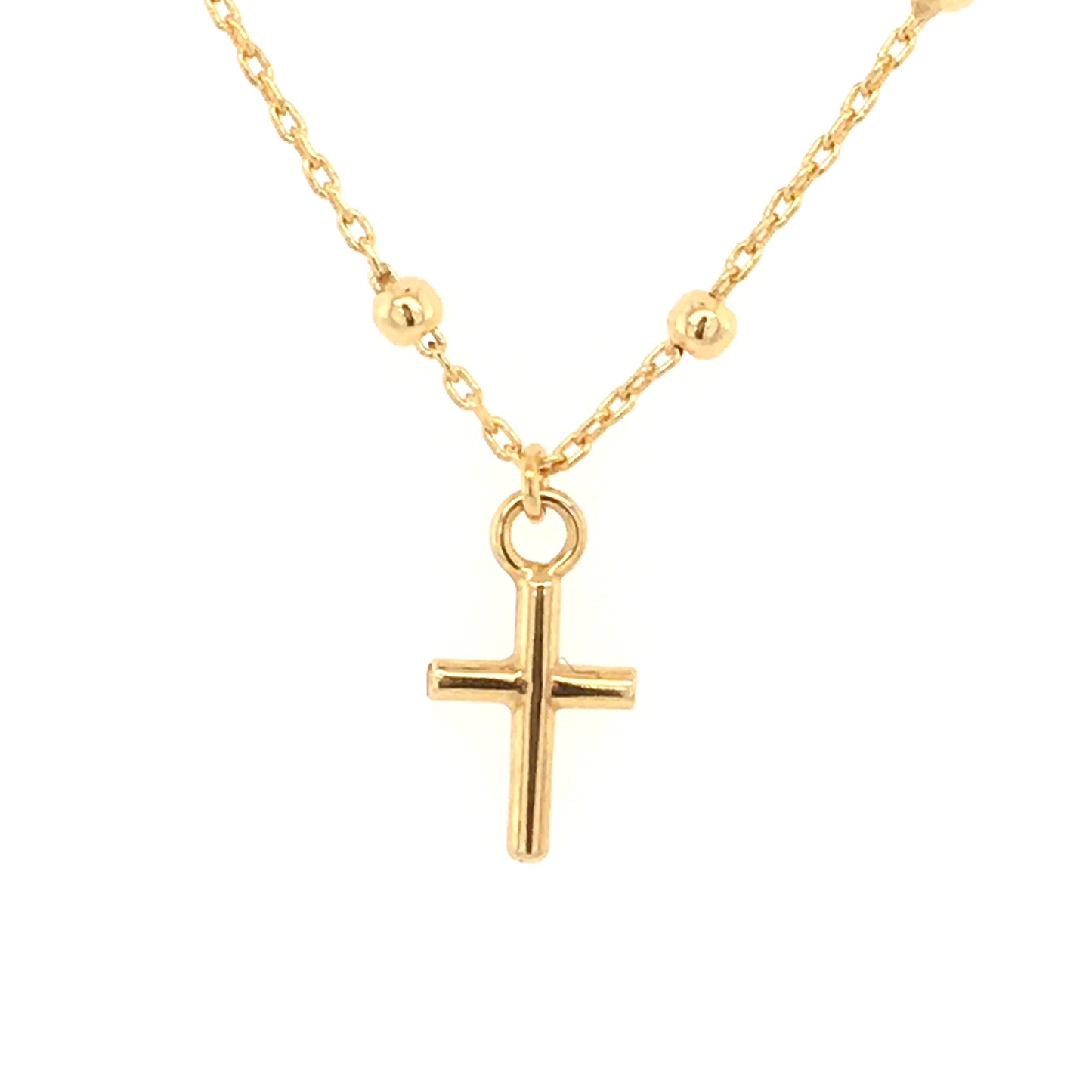 Miniature Cross on Beaded Necklace 14 Karat Yellow Gold