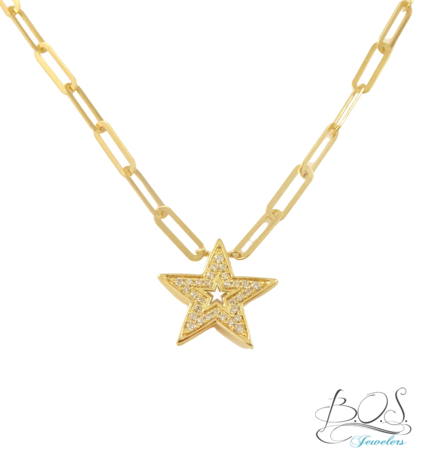Open Diamond Star Paper Clip Necklace 14K Gold
