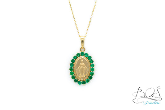 Medium Chunky Color Stone Miraculous Medal Necklace 14K Yellow Gold