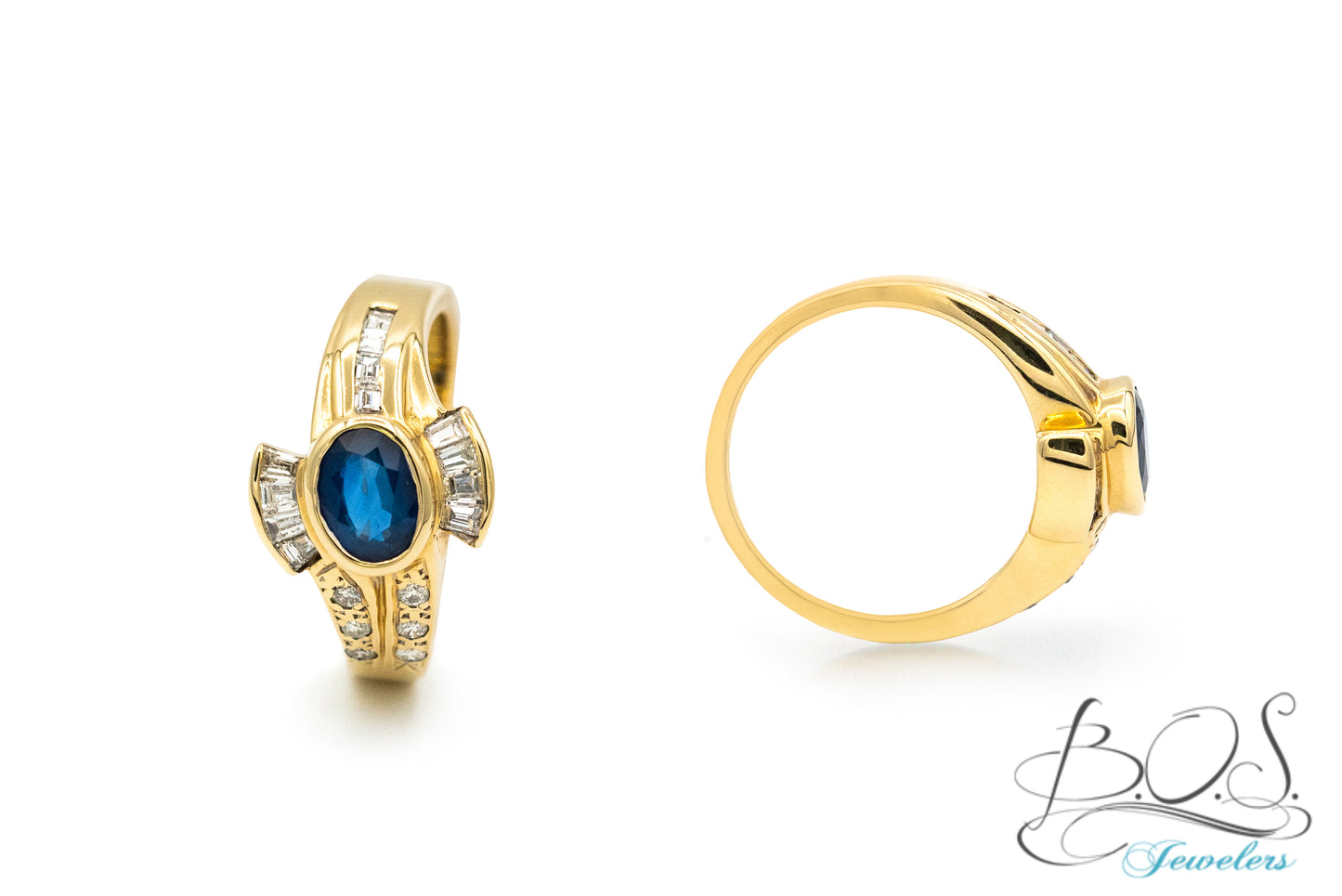 Blue Sapphire Peacock Design Diamond Ring 14K Gold