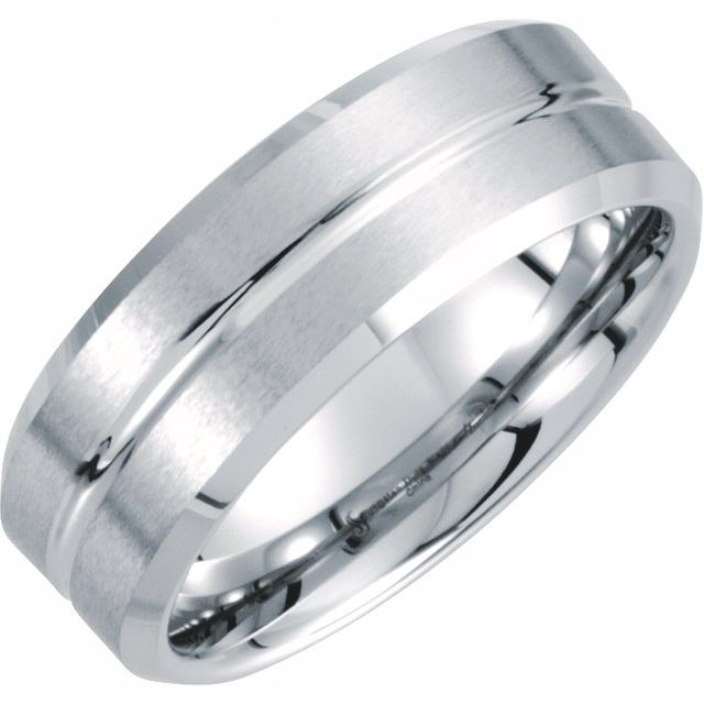 Men's White Tungsten 8.3 mm Beveled Band with Grooved Center & Satin Finish